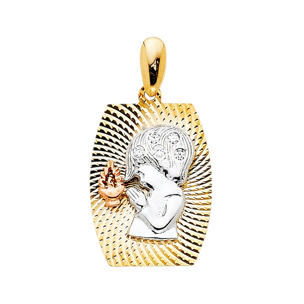14K Tri Color CZ Religious Praying Boy Pendant